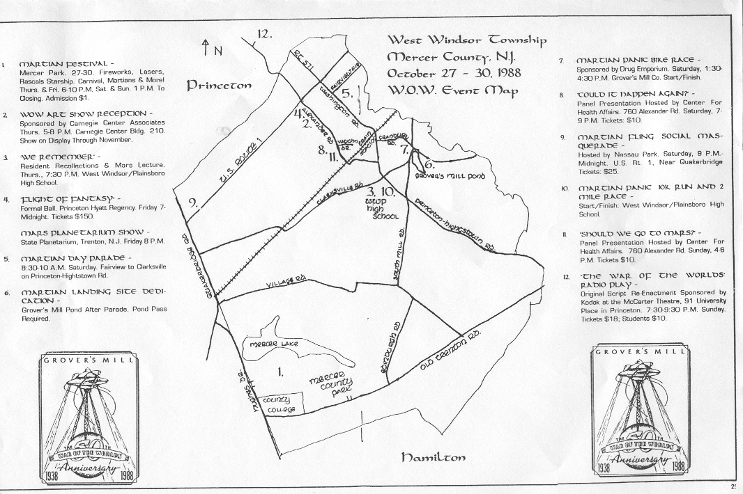50th Anniversary Of 1938 broadcast at Grover's Mill, map of festivties