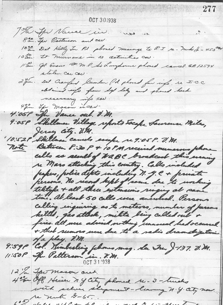 Log from Jersey Police Port Norris station, October 31st 1938