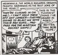 Superman #62: Black Magic on Mars (DC, 1950.) Welles is not believed. Click for larger image.