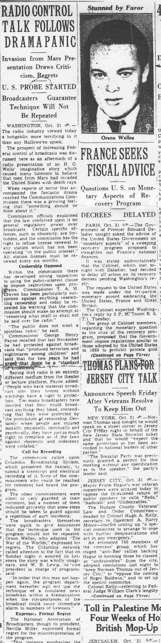 Trenton State Gazette, November 1st 1938, War Of The Worlds, part 1