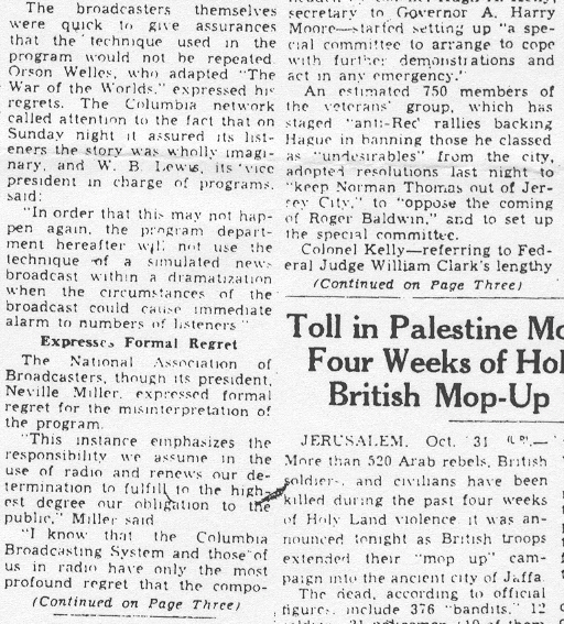 Trenton State Gazette, November 1st 1938, War Of The Worlds, part 2