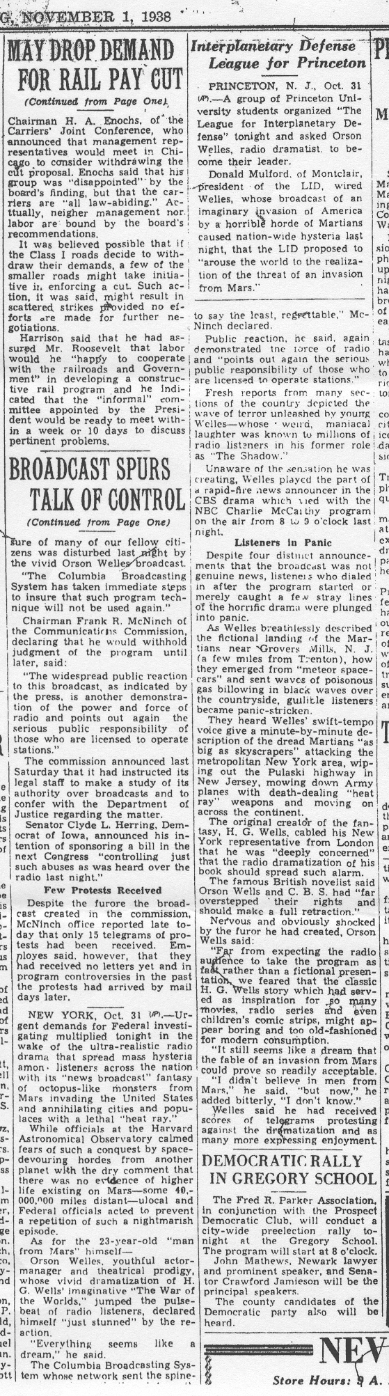 Trenton State Gazette, November 1st 1938, War Of The Worlds, page 3