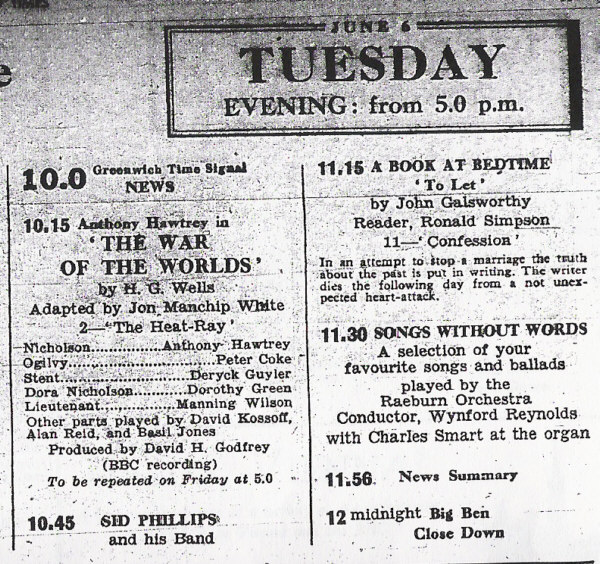 BBC radio War of the Worlds dramatisation, episode 2, June 6th 1950