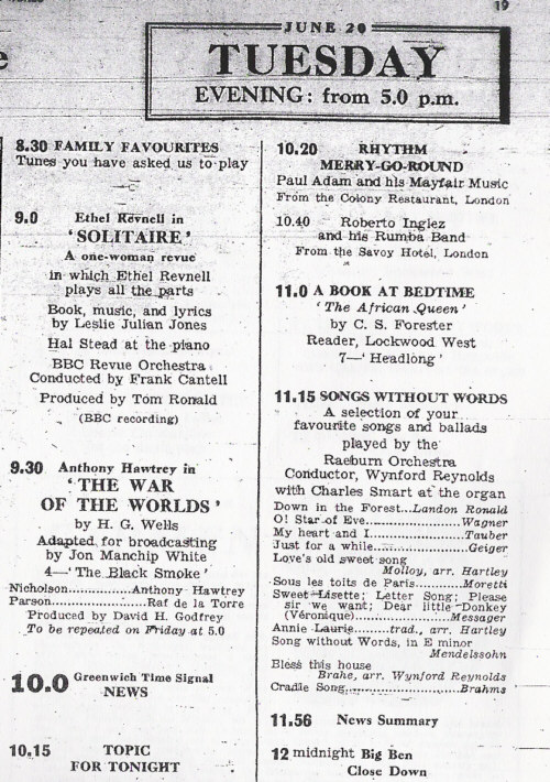 BBC radio War of the Worlds dramatisation, episode 4, June 20th 1950