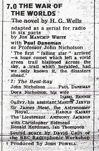 BBC radio War of the Worlds dramatisation, episode 2, June 14th 1967
