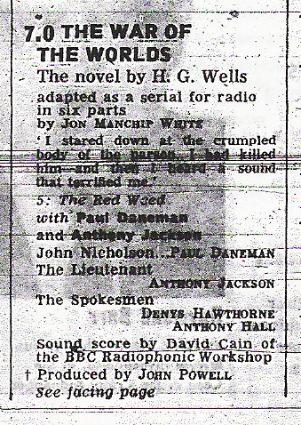 BBC radio War of the Worlds dramatisation, episode 5, July 7th 1967